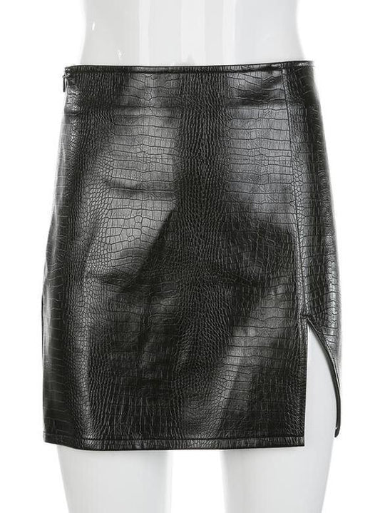 Stylish Crocodile-Embossed PU Leather Mini Skirt