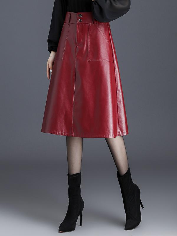 Chic High-waisted Mid-length A-line Leather Umbrella Skirt