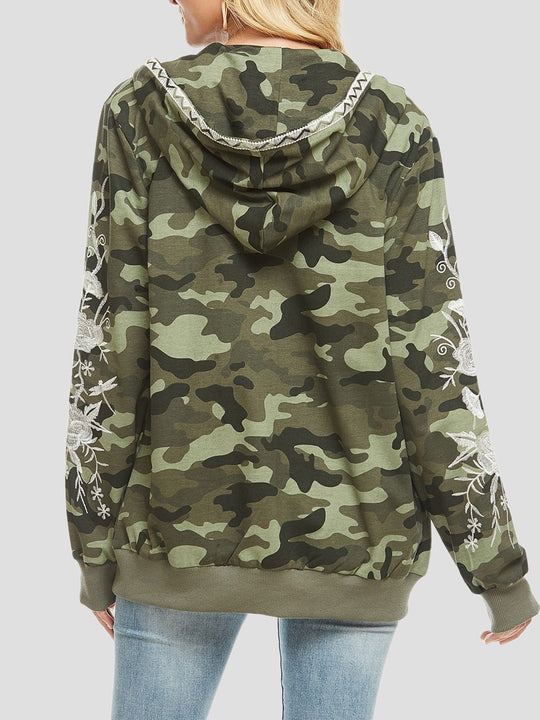 Classic Floral Embroidered Camouflage Hooded Jacket