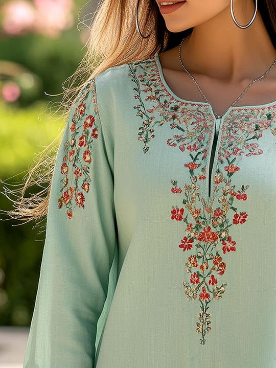 Ethnic V-neck Flower Embroidery Tunic Blouse