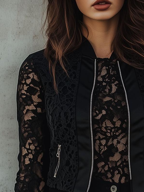 Chic Round Neck Hollow-out Lace Patchwork Pockets Jacket