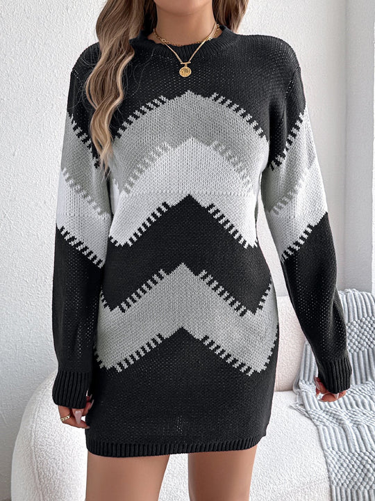 Chic Color Patchwork Lantern Sleeves Knit Bodycon Dress