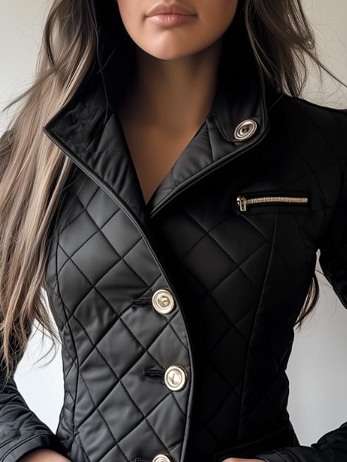 Chic Waist-cinched Button Down Diamond-quilted Jacket