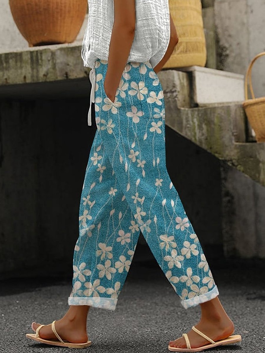 Printed Cotton Linen Casual Pants