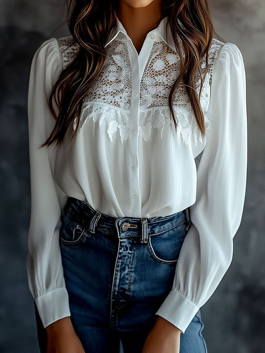 Chic Lace Patchwork Single-breasted Long Sleeve Shirt