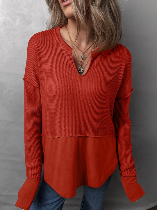 Casual V-neck Waffle Patchwork Loose-fitting Sweatshirt