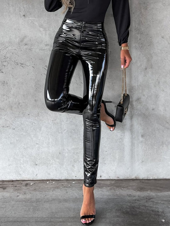 Chic Solid Color High-waist Patent PU Leggings