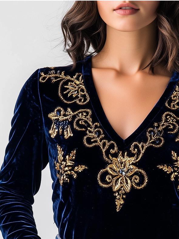 Women's Stylish V-neck Golden Embroidery Velvet Top