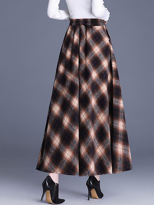 Elegant High-waist Color-block Grid Wool Blend Long Skirt