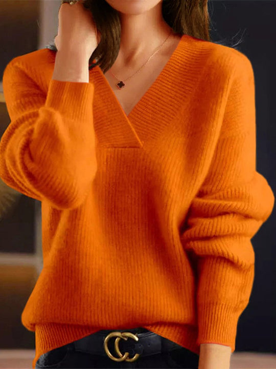 V-Neck Solid Color Knitted Sweater