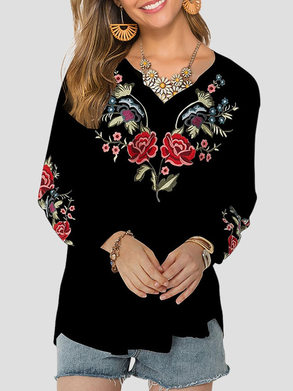 Retro V-neck Flower Embroidery Loose Blouse