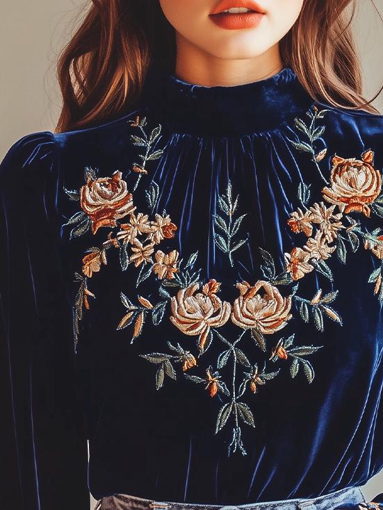 Elegant Mock Neck Floral Embroidery Velvet Blouse