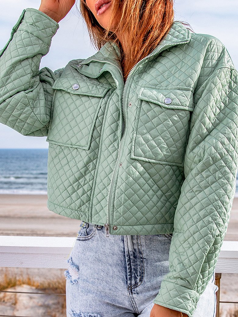 Chic Lapel Big Pockets Diamond-quilted Crop Jacket