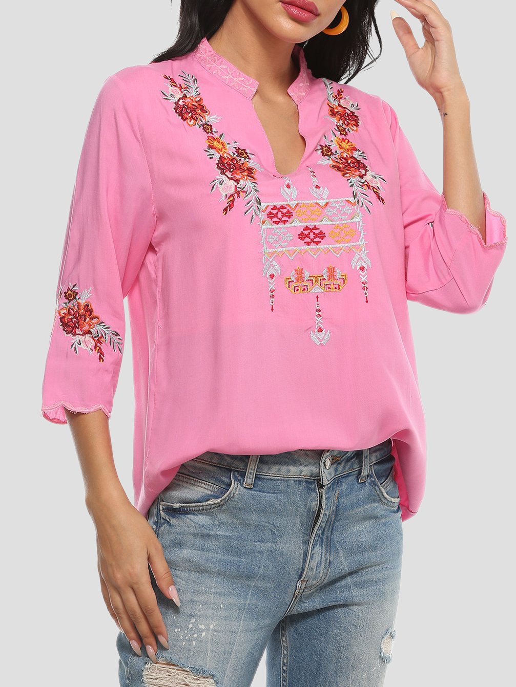 Elegant Floral Embroidered V-Neck Three-quarter Sleeves Blouse