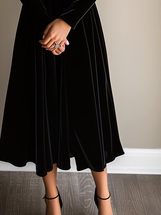 Elegant V-neck Simple Embroidery Velvet Midi Dress