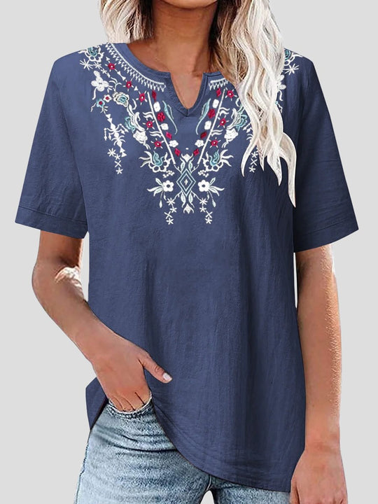 Cotton Linen Embroidered V-Neck Short Sleeve T-Shirt