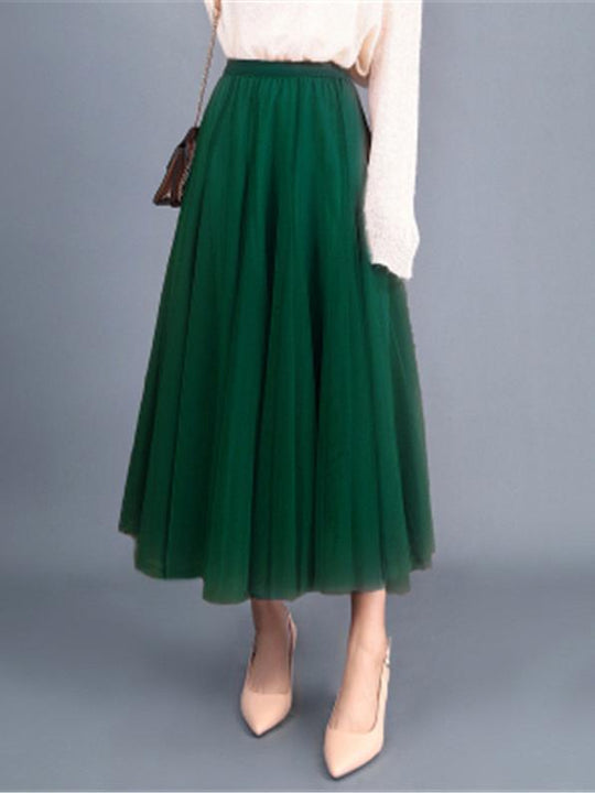 Elegant Elastic Waist Solid Color Chiffon Pleated A-Line Midi Skirt