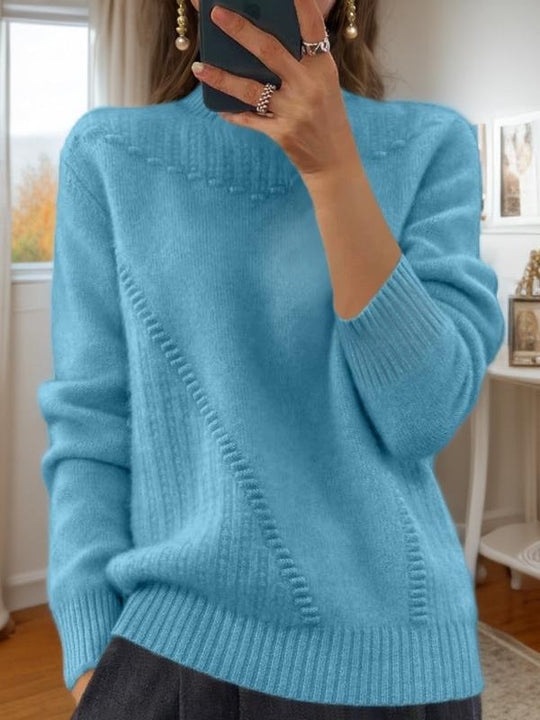 Chic Solid Color Mock Neck Jacquard Knit Pullover Sweater