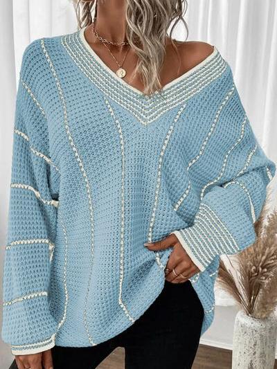 Stylish V-neck Mid-length Knit Striped Loose Sweater