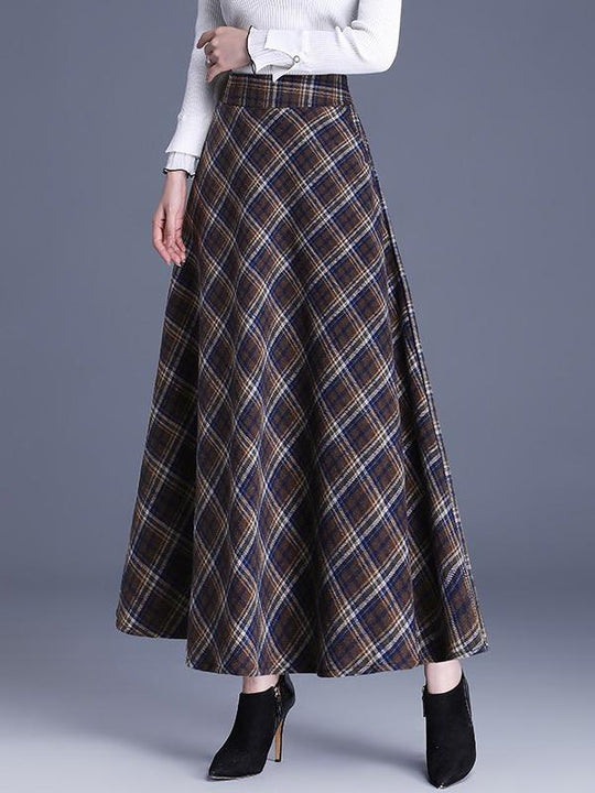 Elegant Elastic Waist Color-block Grid Wool Blend Long Skirt