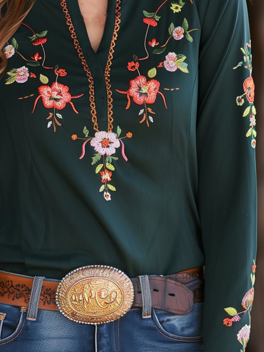 Exquisite Floral Embroidery V-neck Long Sleeves T-shirt