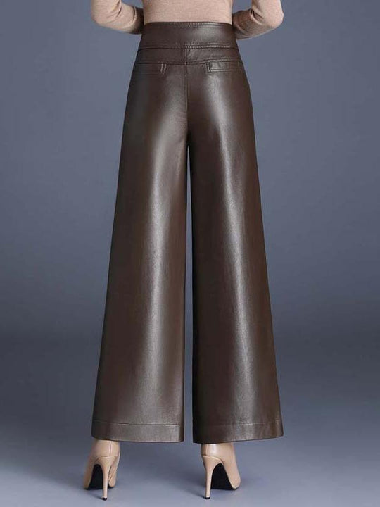 Chic Solid Color High Waist Wide-leg Leather Pants