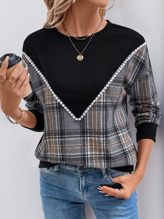 Vintage Lace Trim Plaid Patchwork Sweatshirt