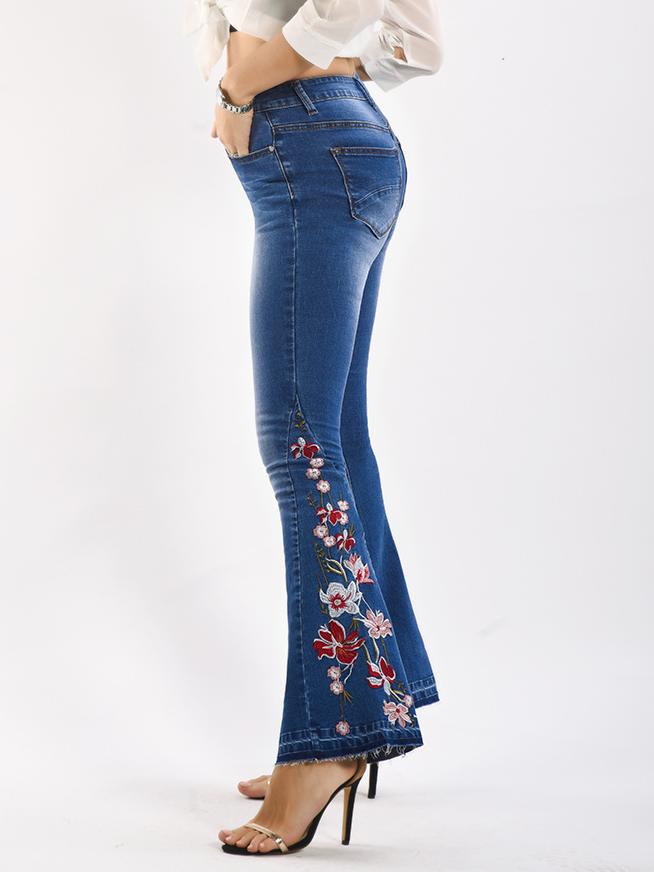 Handmade Embroidered Flower Slim-fit Flare Jeans