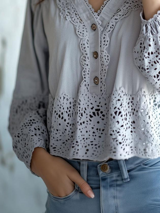 V-neck Hollow-out Lace Patchwork Cotton and Linen Blouse