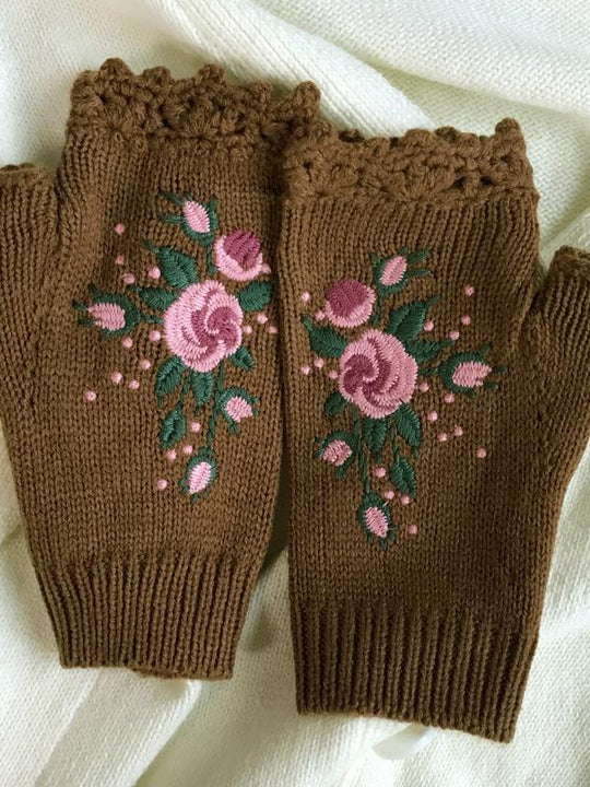 Bee and Flower Embroidery Warm Woolen Half-Finger Gloves