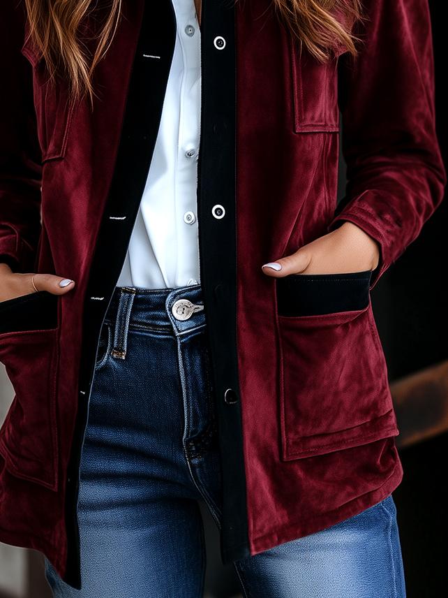 Chic Constract Trim Pockets Suede Shirt Coat