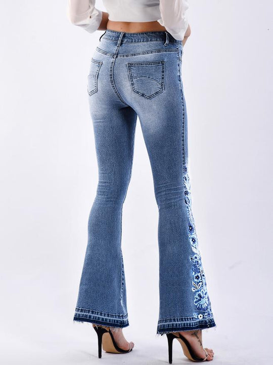 Chic Handmade Embroidered Flower Slim-fit Flare Jeans