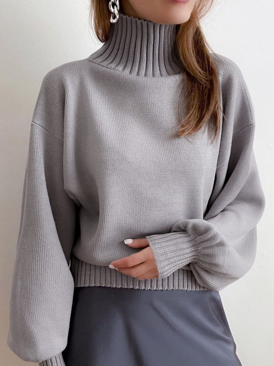 Women's Solid Color Puff Sleeve High Collar Casual Sweater