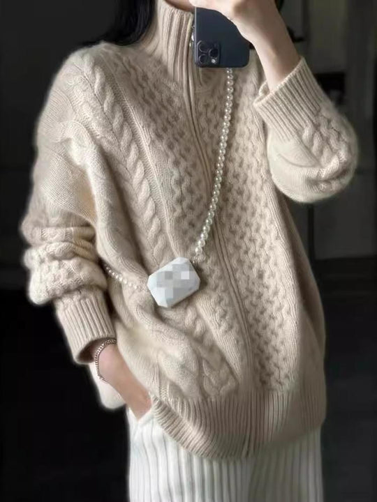 Sytlish Thick Turtleneck Zipper Cable Knit Cashmere Cardigan