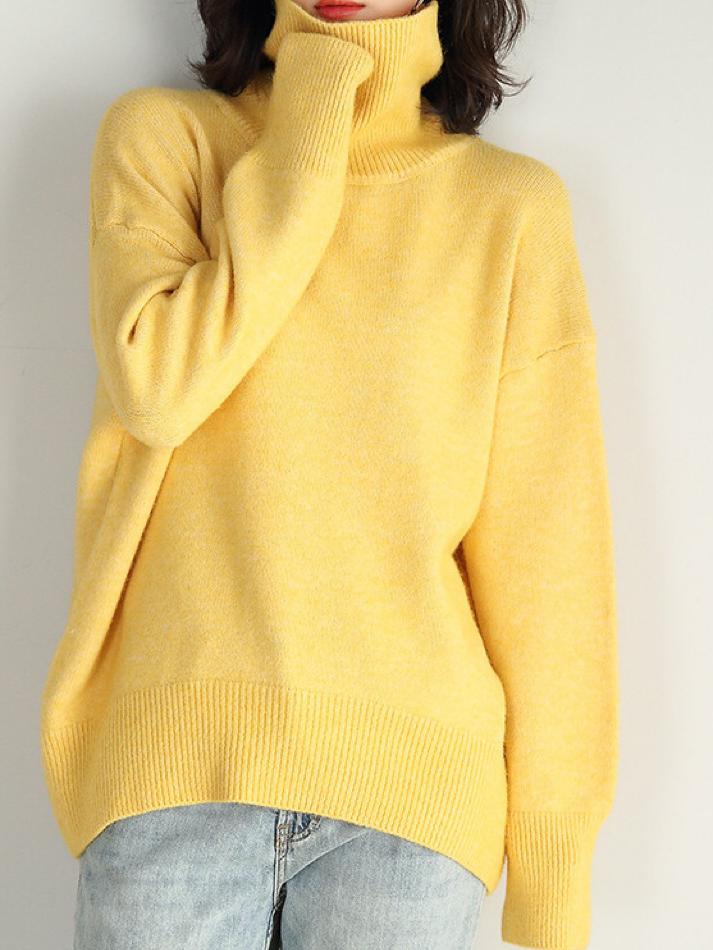 Basic Turtleneck Solid Color Ribbed Trim Knited Sweater