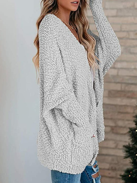 Grain Fleece Double Pocket Bat Sleeve Cardigan Sweater