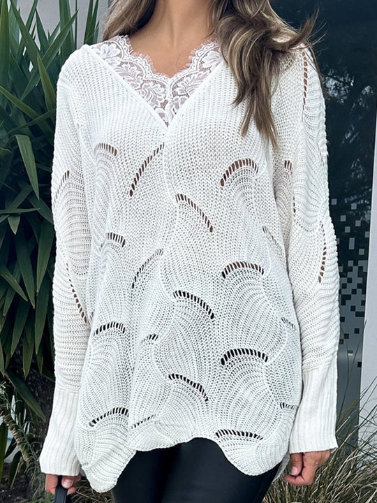 Lace-Trimmed Mid-Length White Sweater