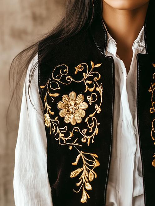 Vintage Stand Collar Floral Embroidery Suede Waistcoat