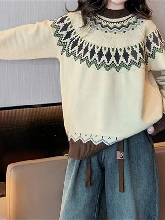 Ethnic Style Round Neck Color Block Sweater