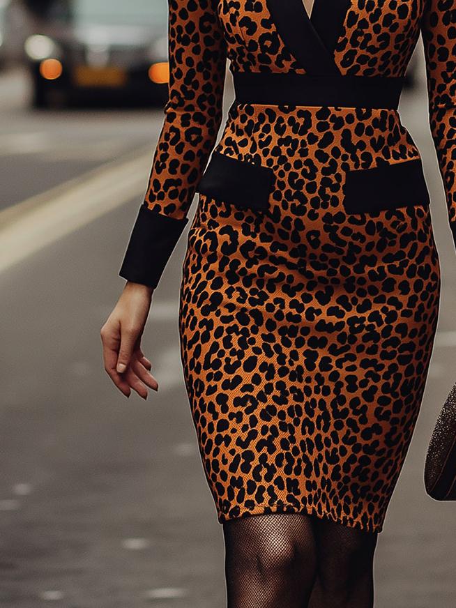 Retro Modern V-neck Leopard Pattern Bodycon Dress