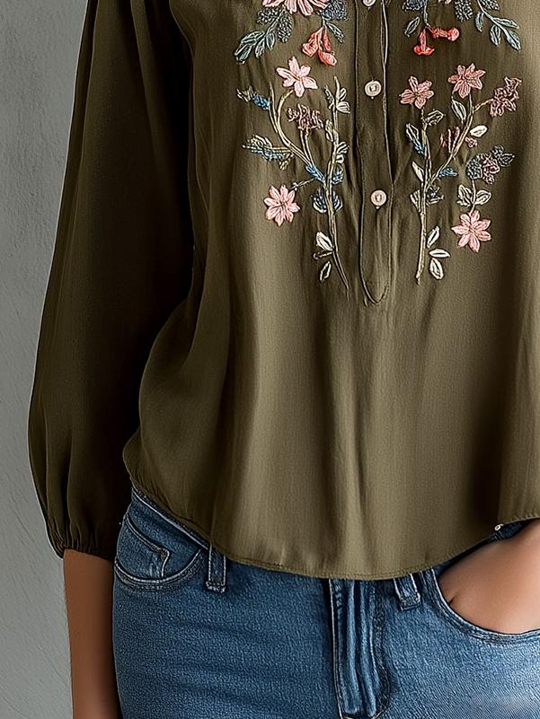 Retro Henley Collar Flower Embroidery Blouse