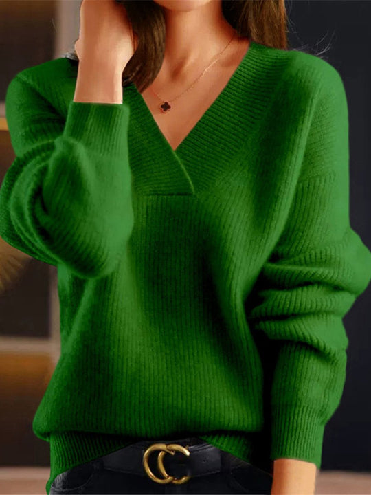 V-Neck Solid Color Knitted Sweater