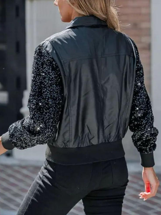 Chic Sequins Patchwork Sleeves Leather Motorcycle Jacket