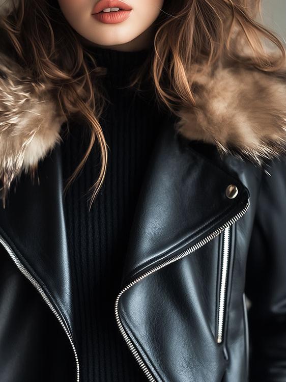 Women Detachable Fur Collar Zipper Sheepskin Jacket