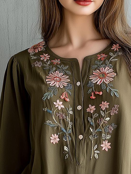 Retro Henley Collar Flower Embroidery Blouse