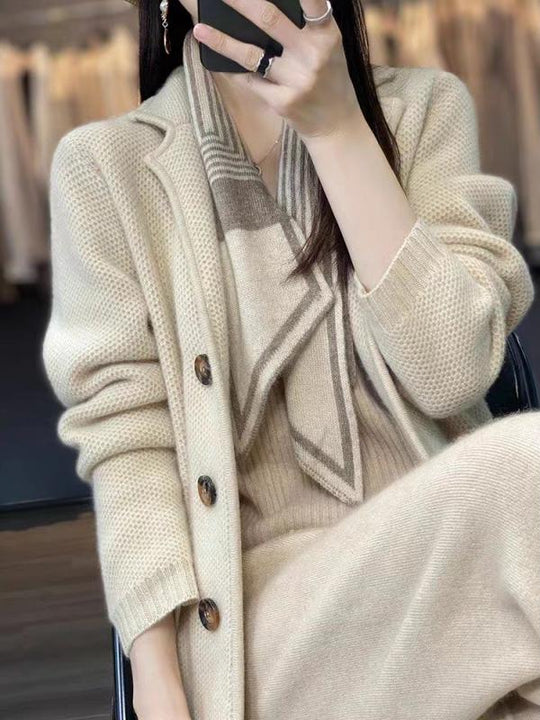 Chic Suit Collar Loose Fit Knit Wool Jacket Cardigan