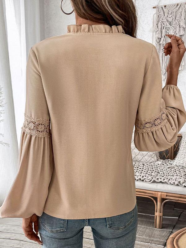 Elegant V-neck Tie-up Hollow Lace Patchwork Sleeves Shirt