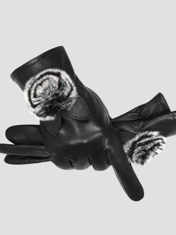 Elegant Fur ball Fleece-lined Touchscreen Sheepskin Gloves