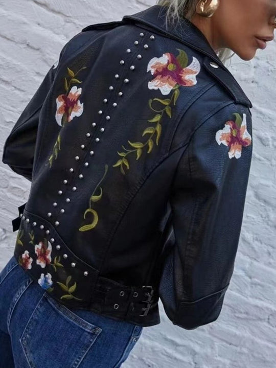 Stylish Elegant Embroidered Rivet Leather Jacket