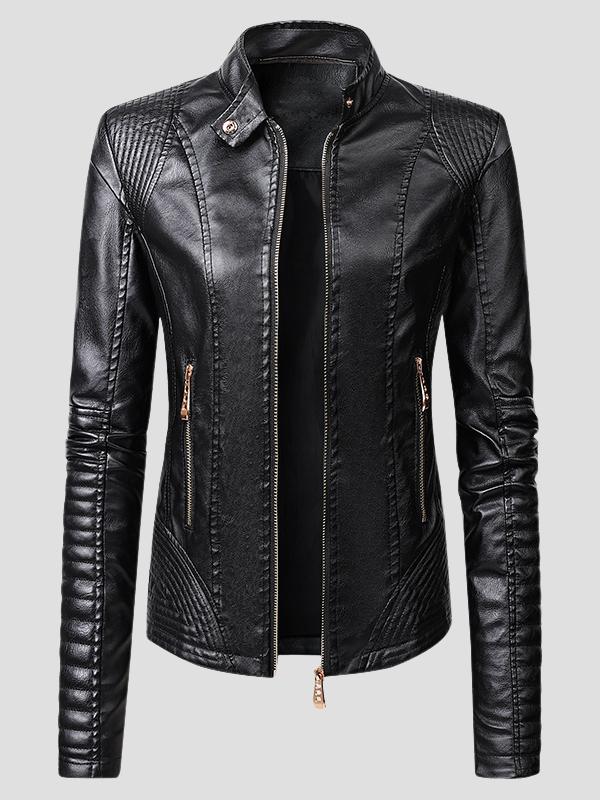 Chic Stand Collar Zipper-up Tailored Fit Skeepskin Jacket